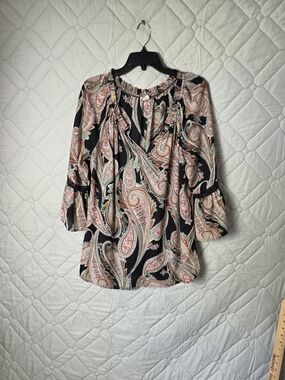 Spense  Print Black Women's Blouse with Pink and Green Accents Sz L